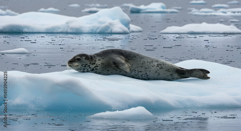 Obraz premium Iceberg, Ocean, Water, Leopard Seal Resting on Ice Floe in Antarctica
