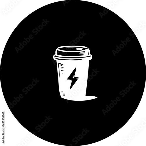 Stylized black and white depiction of an energy drink in modern minimalism