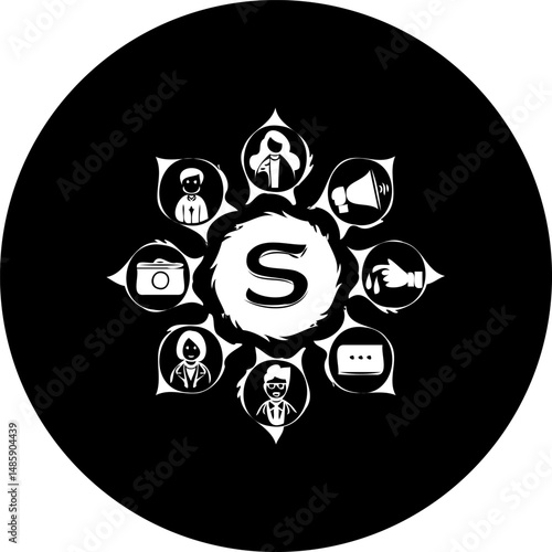 Communication hub with diverse individuals and interconnected digital icons