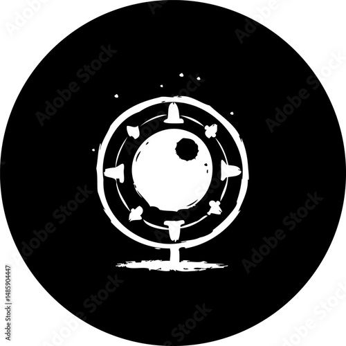 Stylized abstract monochrome illustration: concentric circles with central sphere design