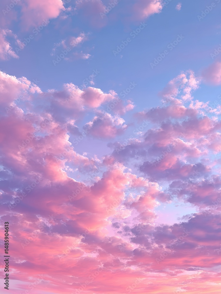 Fototapeta premium Serene Evening Sky with Vibrant Pink and Purple Clouds Illuminated by Soft Sunset Light, Captivating Nature Scene for Peaceful Atmosphere