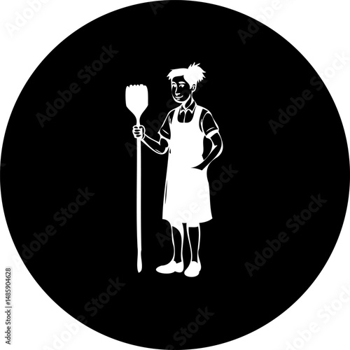 Stylized silhouette of a figure with cleaning equipment against a stark black backdrop