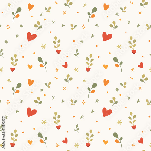 This image a lovely pattern filled with small decorative elements, including hearts, plants, and dots. The color palette features greens, reds, and oranges, contributing to a fresh and vibrant look.