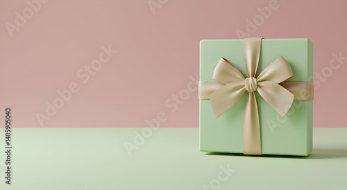 Present, Ribbon, Ribbon bow, Pastel Green Gift Box with Beige Bow