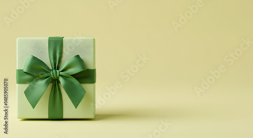 Present, Pastel, Copy space, Light Green Gift Box with Green Ribbon Bow on Pale Yellow Background