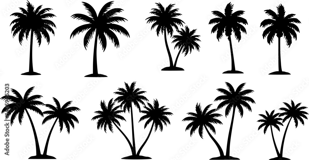 Vector silhouette of palm tree on beach on white background. Symbol of nature and plant.
Vector silhouette of palm tree on beach on white background. Symbol of nature and plant.