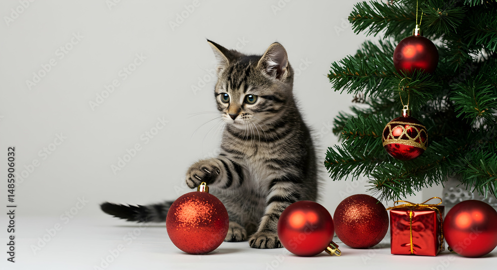 Cat, Decorations, Red, Kitten playing with Christmas ornaments Cat, Decorations, Red, Kitten playing with Christmas ornaments