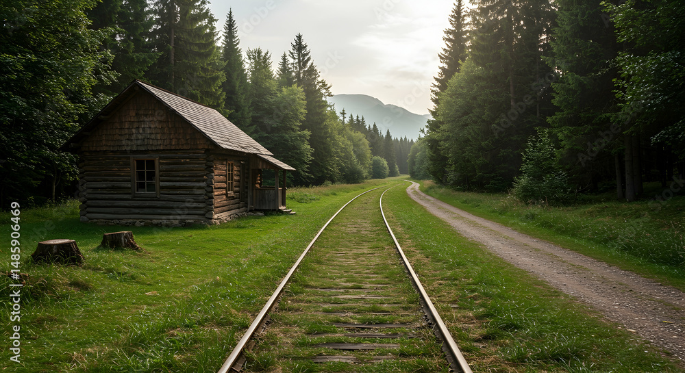 Fototapeta premium Wooden cabin, Railroad tracks, Train tracks, Rustic Log Cabin Beside a Forest Railway