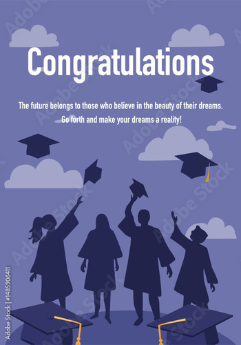 Graduation card with joyful graduates tossing caps on purple background. Whimsical clouds add celebratory touch. 