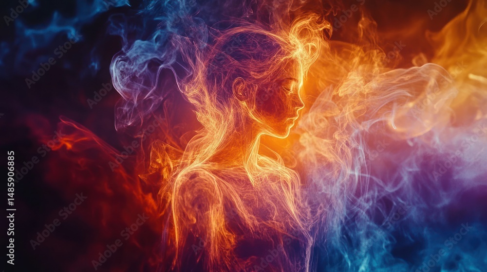 Ethereal human form encompassed by energetic plumes and mystic currents Ethereal human form encompassed by energetic plumes and mystic currents