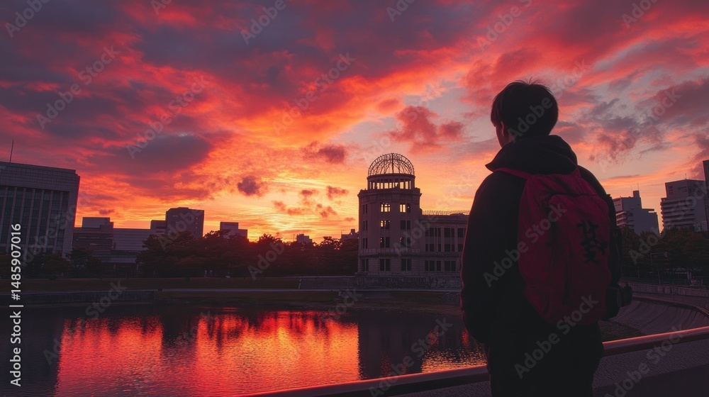 Fototapeta premium A person gazes at a fiery sunset over a city, reflecting in a calm lake, with a historical landmark in the background