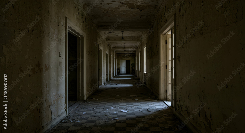 Corridor, Dilapidated, Derelict, Abandoned Hallway in Decaying Building Corridor, Dilapidated, Derelict, Abandoned Hallway in Decaying Building