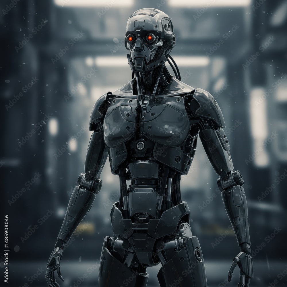 Fototapeta premium Futuristic humanoid robot with glowing red eyes illustration