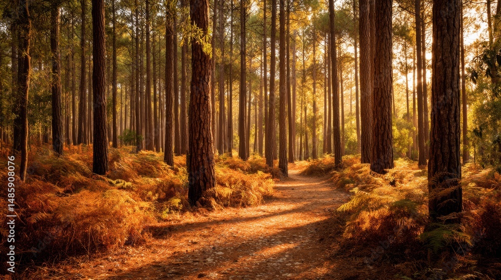Naklejka premium Serene Pathway Through a Lush Forest During Golden Hour Radiating Warm Light and Natural Beauty of Tall Trees