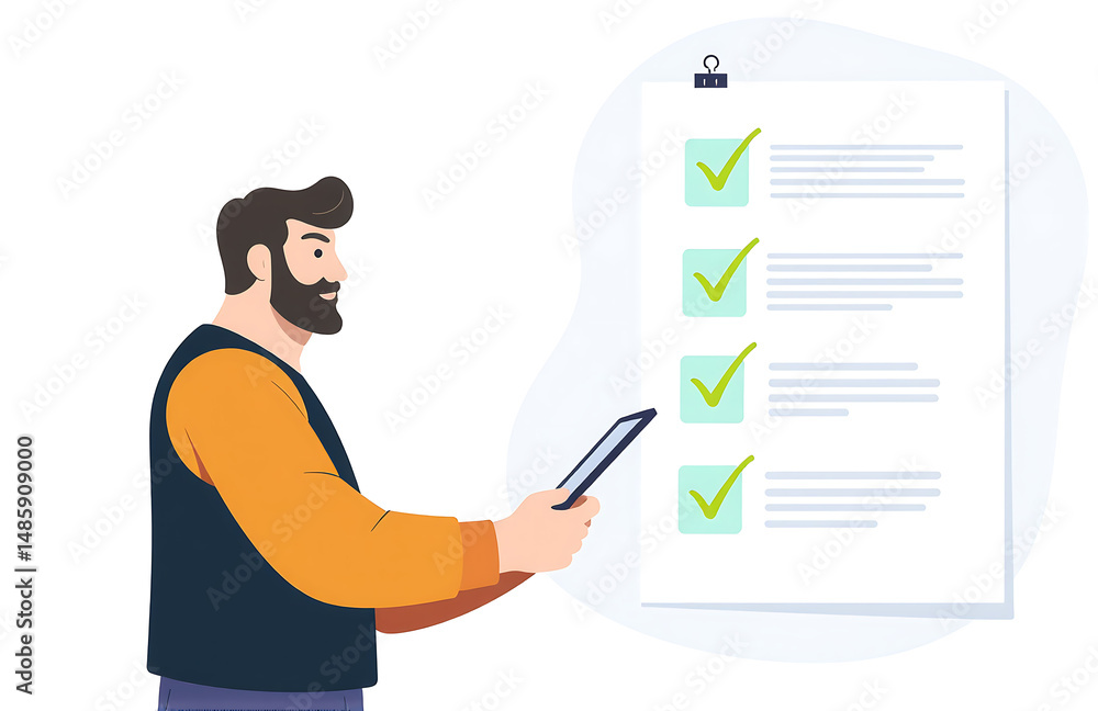 flat design vector illustration man working tablet multiple checkboxes checked highlighted flat design vector illustration man working tablet multiple checkboxes checked highlighted
