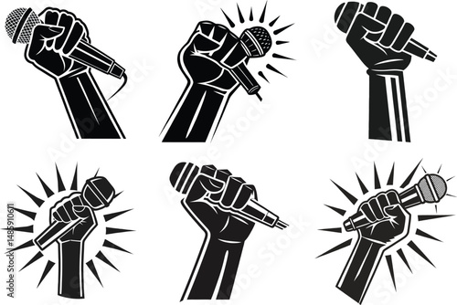 Black and white vector illustration of six fists holding microphones in various positions and styles
