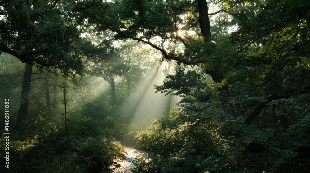 Fototapeta premium Serene Forest Scene with Sunlight Filtering Through Trees and Illuminating Foliage in a Peaceful Woodland Setting