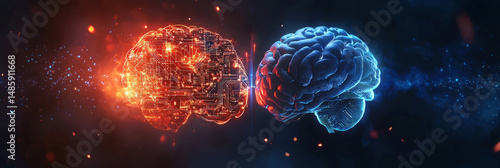 screen a glowing robotic brain made of circuits and a human brain with neural connections, symbolizing the fight between artificial intelligence and human intelligence