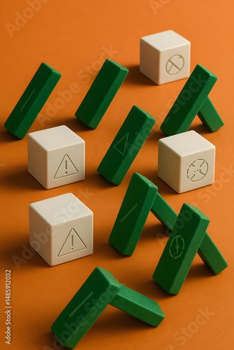 Vivid 3D arrangement of smooth white cubes and bright green dominoes on a subtly textured orange backdrop, featuring softly glowing, tech-inspired fractured warning icons, symbolizing cascading system