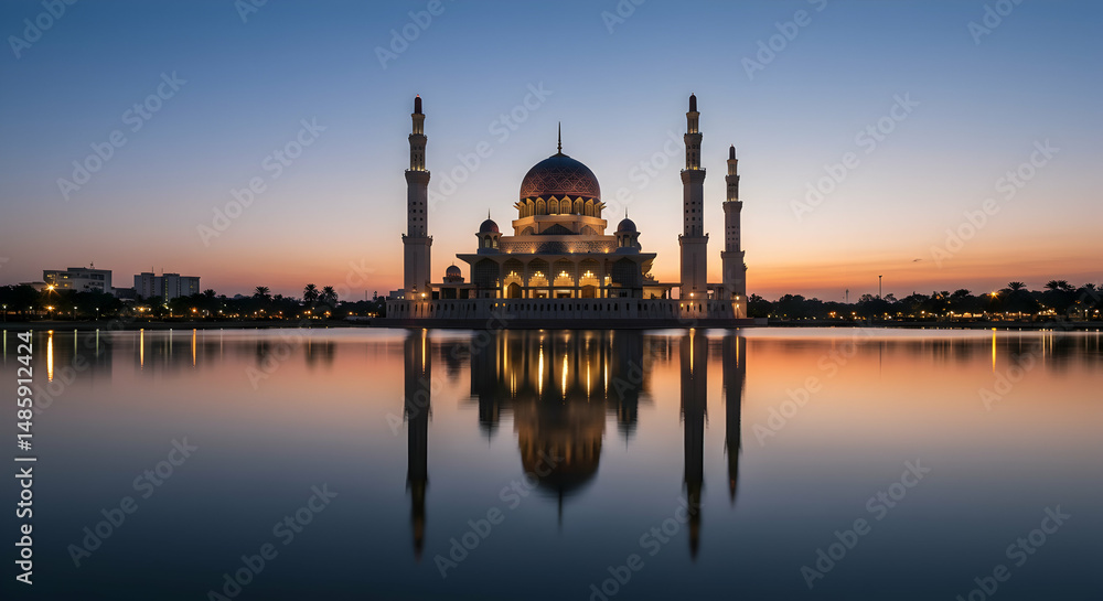 Naklejka premium Islam, Muslim, Religion, Majestic Mosque at Sunrise with Reflection