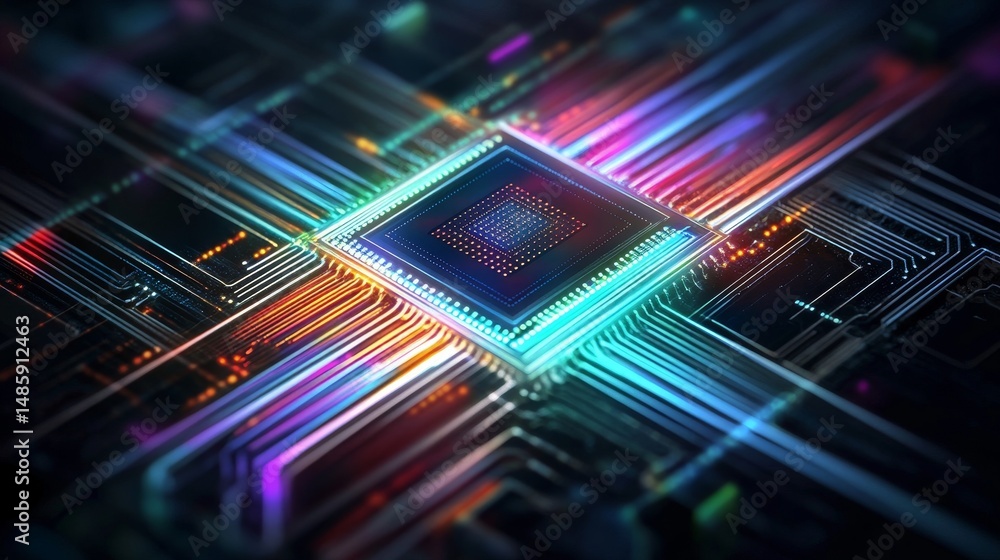 Obraz premium High-Tech Circuit Board with Glowing Data Streams