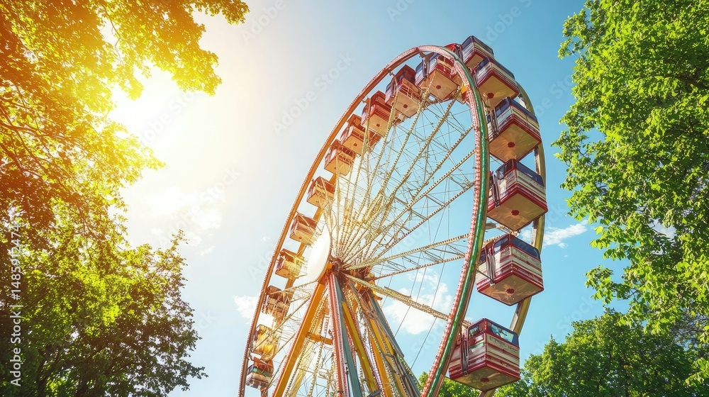 Obraz premium The famous Ferris wheel at Vienna Prater glowing in the morning sun, with lush greenery surrounding the park
