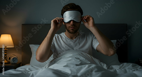Male, Adult, Person, Man putting on a sleep mask in bed
