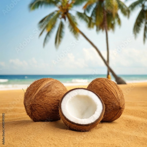 Wallpaper Mural Enjoying whole and halved coconuts on a sandy beach tropical paradise beach photography natural environment close-up view coconut indulgence Torontodigital.ca