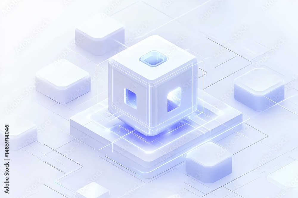 Obraz premium Abstract representation of a cube with glowing elements on a futuristic platform