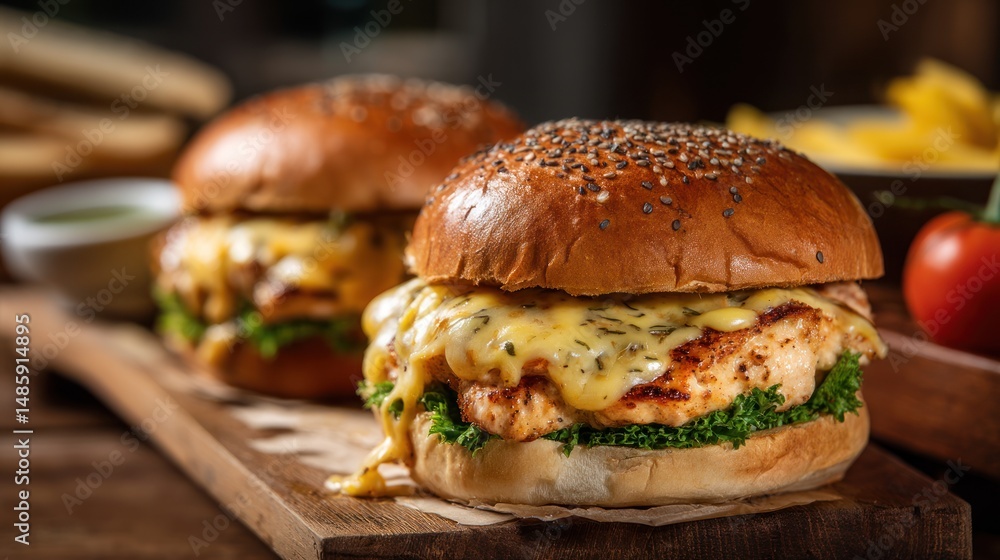 Two burgers with cheese and greens on a wooden board food presentation. Two burgers with cheese and greens on a wooden board food presentation.