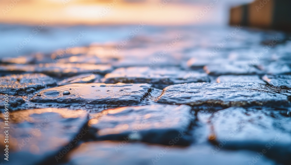 Naklejka premium Close-up of wet cobblestones at dawn
