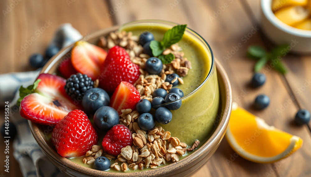 Vibrant smoothie bowl with fresh berries granola and a hint of mint Vibrant smoothie bowl with fresh berries granola and a hint of mint