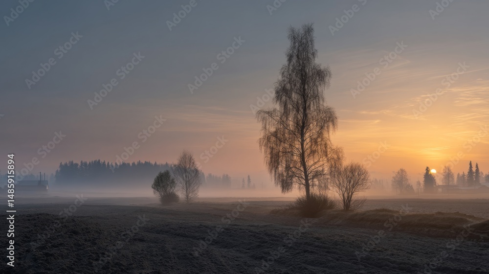 Obraz premium Serene and Misty Landscape at Dawn with Silhouetted Trees and Soft Sunlight Breaking Through Fog
