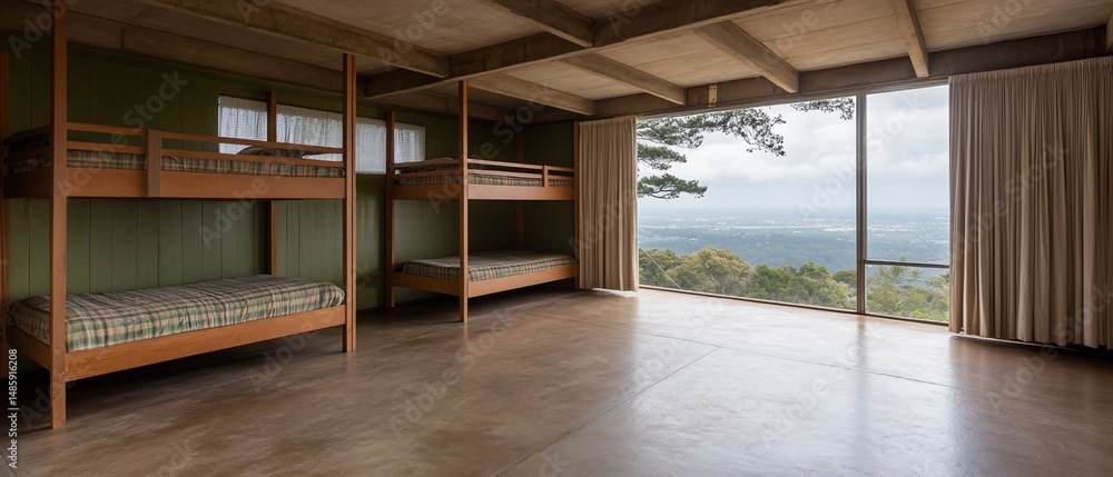 Obraz premium A room with two sets of bunk beds, a large window overlooking a mountain vista, and a wood floor