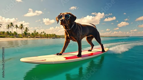 Happy dog with sunglasses on surfboard in ocean
