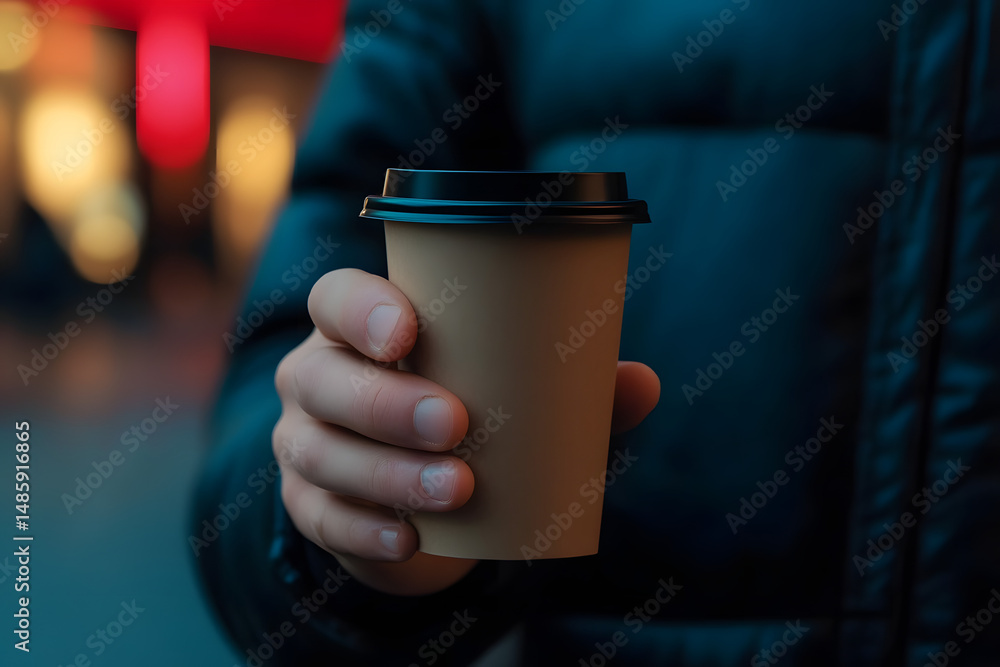 A man's hand holding a disposable coffee cup. Concept of: Coffee on the go. A man's hand holding a disposable coffee cup. Concept of: Coffee on the go.