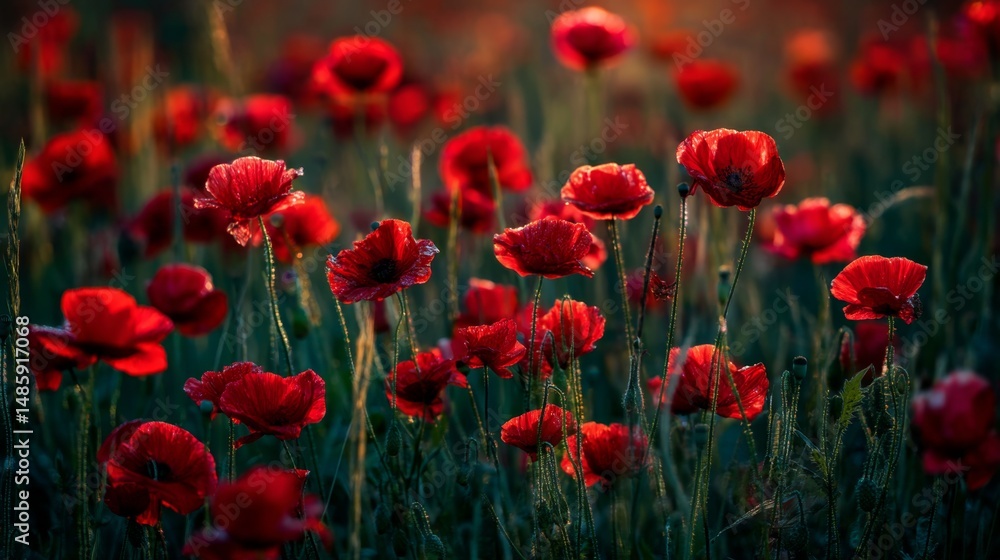 Fototapeta premium Vibrant Red Poppies Blooming in a Sunlit Meadow with Glimmering Dewdrops in Nature's Serene Landscape