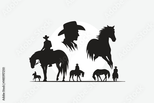 silhouette of horses and cowboy's in black