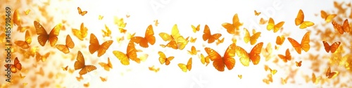 A vibrant swarm of golden and orange butterflies flying against a bright white and warm glowing background, evoking a sense of freedom and lightness