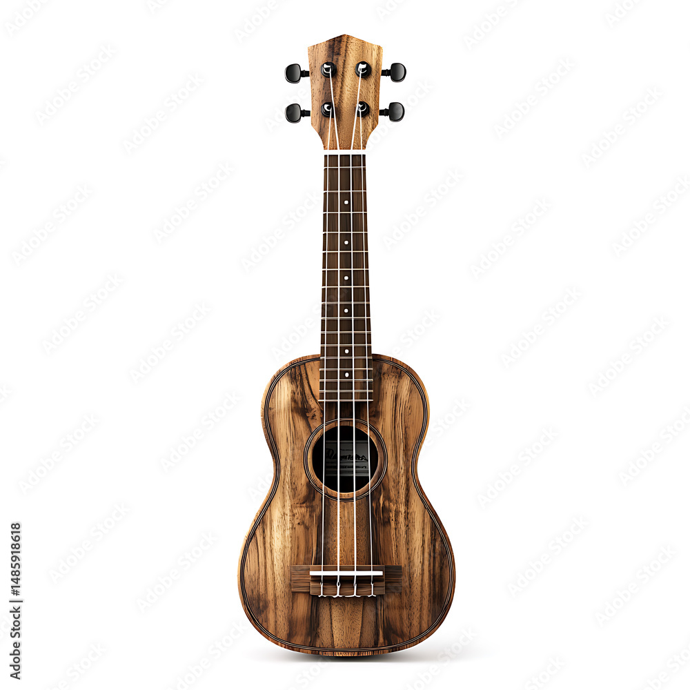 Fototapeta premium Close-up of a wooden ukulele shows off its unique wood grain finish, tuning pegs and strings.