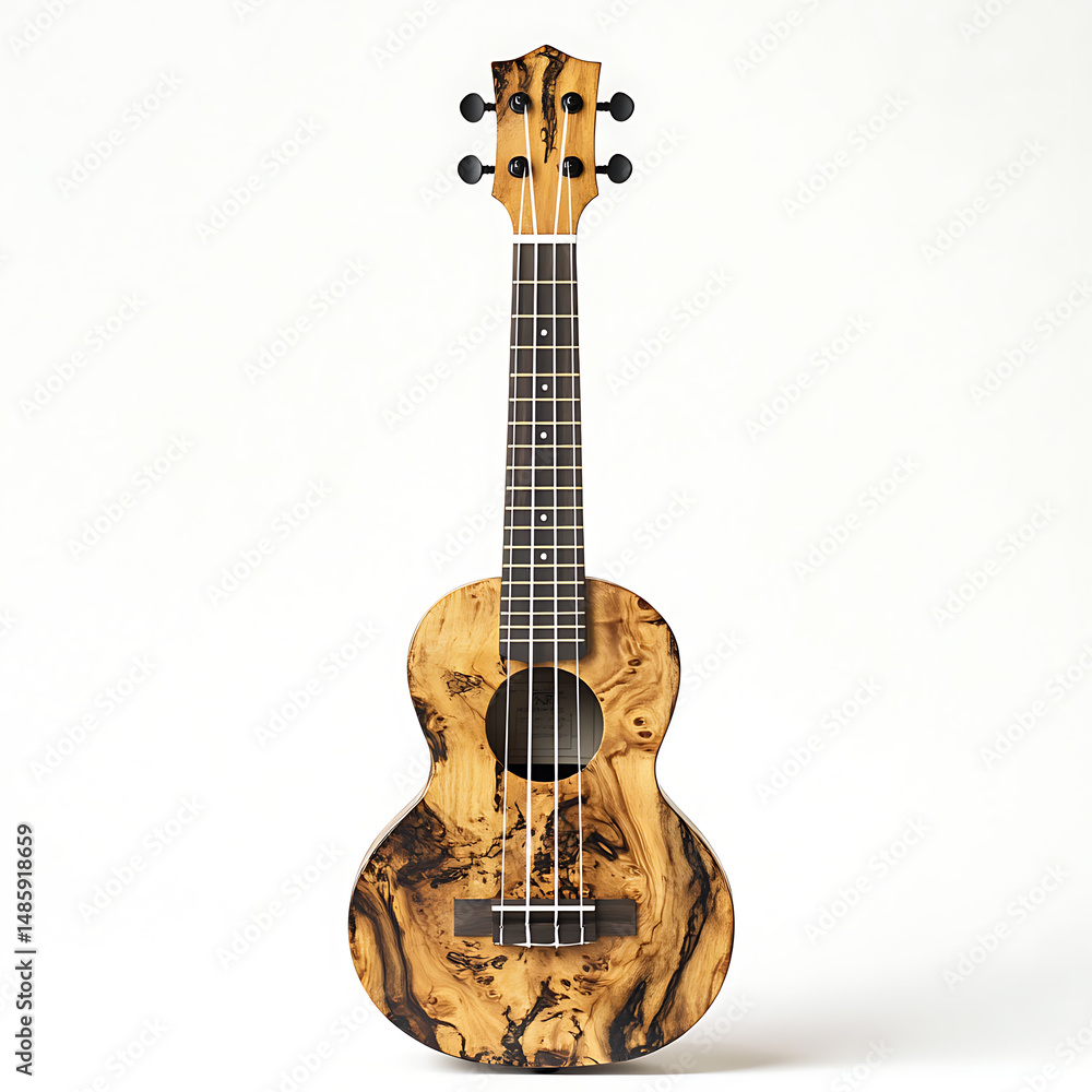 Obraz premium Elegant ukulele: A captivating instrument, showcasing intricate wood grain detail on a bright backdrop.