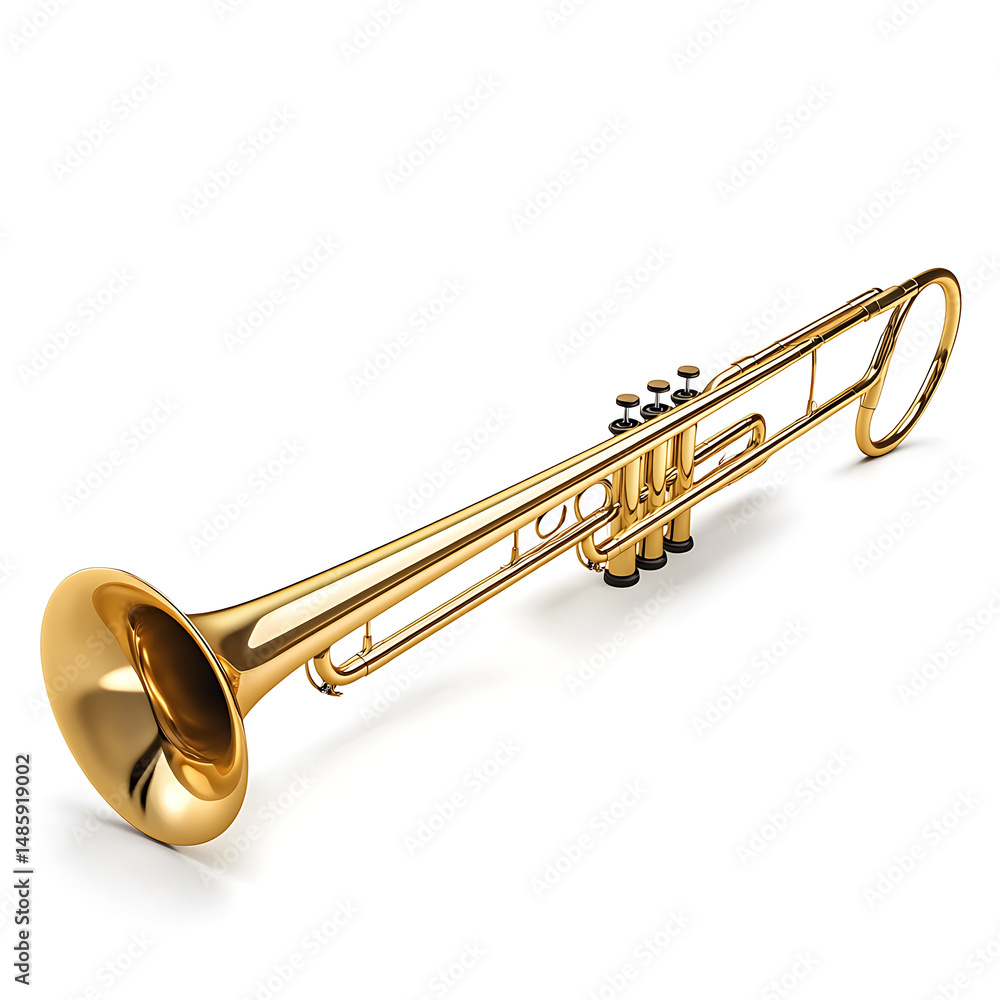 Obraz premium A lustrous brass trumpet lies on a clean, white surface, showcasing its intricate design and polished finish.