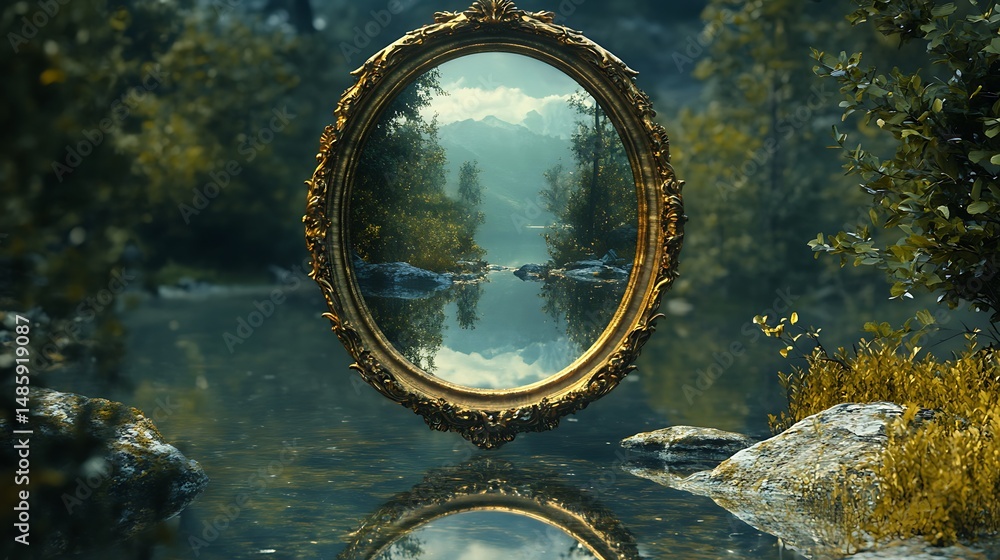Obraz premium Reflections of Nature Framed by an Ornate Mirror in a Tranquil Waterscape