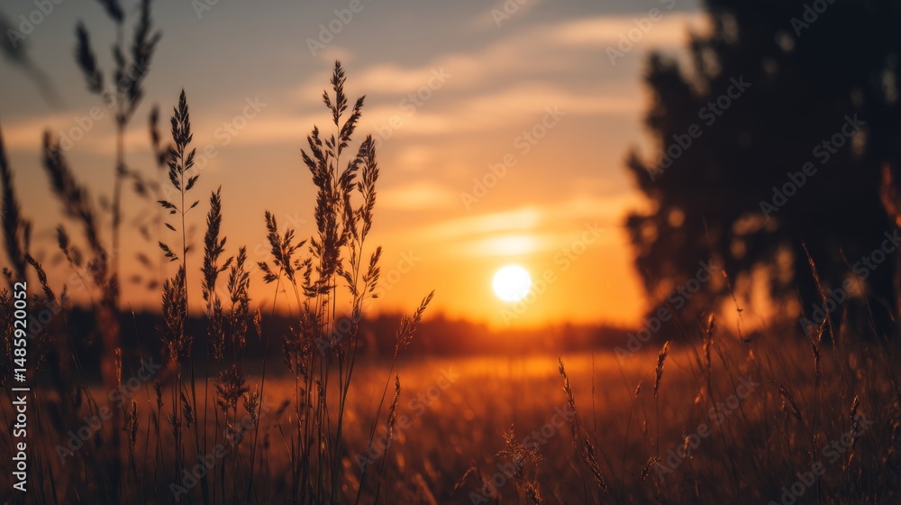 Fototapeta premium Beautiful sunset landscape with tall grass and vibrant colors illuminating the sky during evening hours in nature