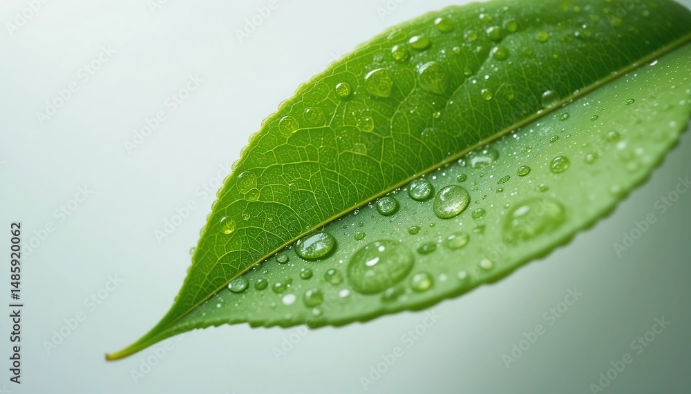 Fototapeta premium Lush Green Leaf with Dew Drops Nature s Freshness Close Up Macro Photography