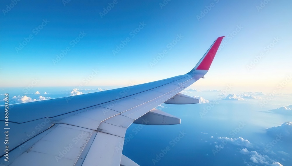 Obraz premium Airplane wing against blue sky, showcasing aerodynamic design, travel, blue
