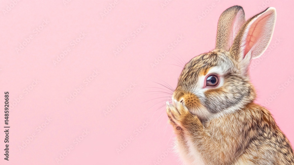 Fototapeta premium Cute bunny against pink background