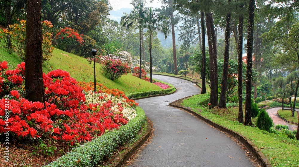 Fototapeta premium A peaceful pathway surrounded by towering trees and vibrant flowers in Perdana Botanical Garden, Kuala Lumpur.