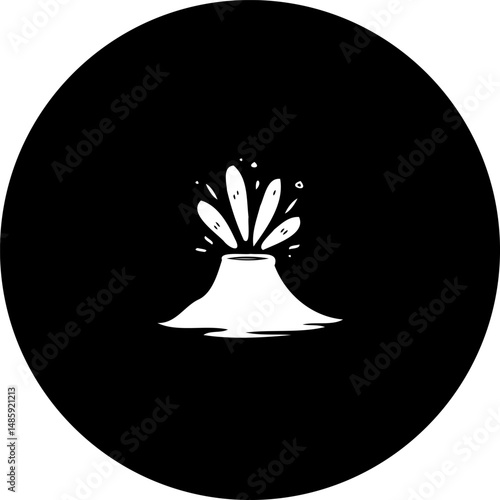 Striking volcano eruption depicted within a minimalist black circular design
