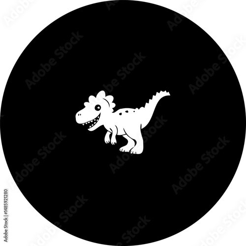 Stylized dinosaur illustration in a black circle against a stark backdrop